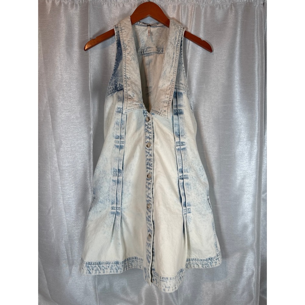 Free People Katie Sleeveless Denim Mini Dress Button Front Collared Light Wash S